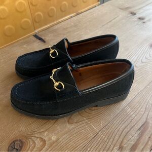 Vintage Gucci Black Suede Loafers with Gold Hardware